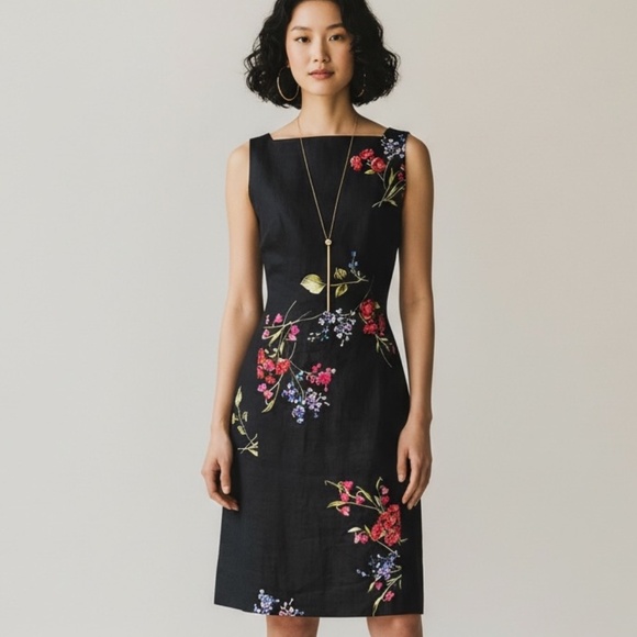 Jones New York Black Linen Floral Print Dress Women’s 8 - Picture 1 of 8